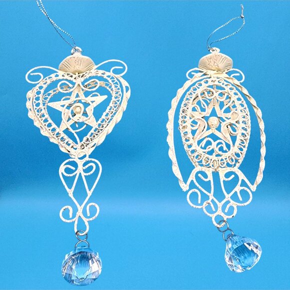 Christmas Ornaments White Glittered Metal Teardrop & Heart Filigree Holiday Set - Picture 5 of 8